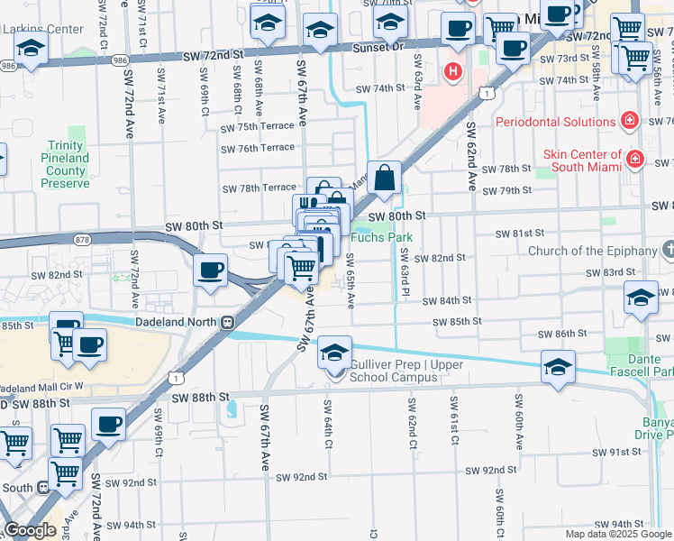 map of restaurants, bars, coffee shops, grocery stores, and more near 8099 South Dixie Highway in Miami