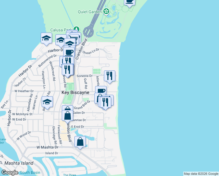 map of restaurants, bars, coffee shops, grocery stores, and more near 103 Reef Lane in Key Biscayne