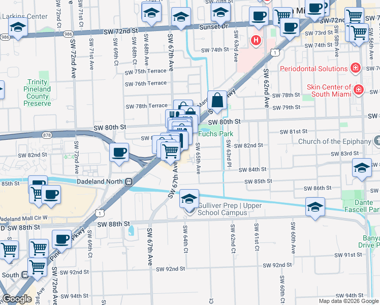 map of restaurants, bars, coffee shops, grocery stores, and more near 8099 South Dixie Highway in Miami