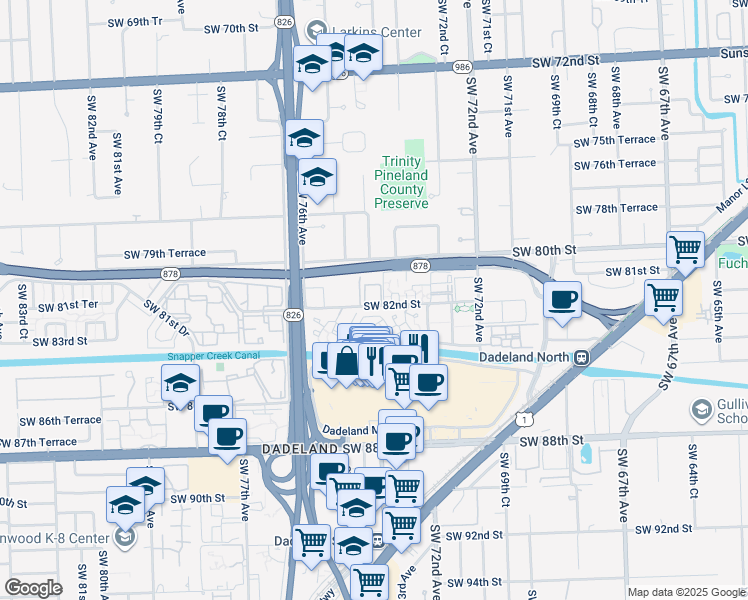 map of restaurants, bars, coffee shops, grocery stores, and more near 7487 Southwest 82nd Street in Miami