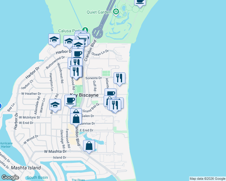 map of restaurants, bars, coffee shops, grocery stores, and more near 103 Reef Lane in Key Biscayne