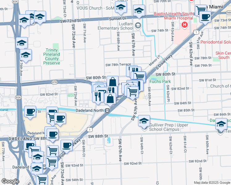 map of restaurants, bars, coffee shops, grocery stores, and more near 6834 Southwest 81st Street in Miami