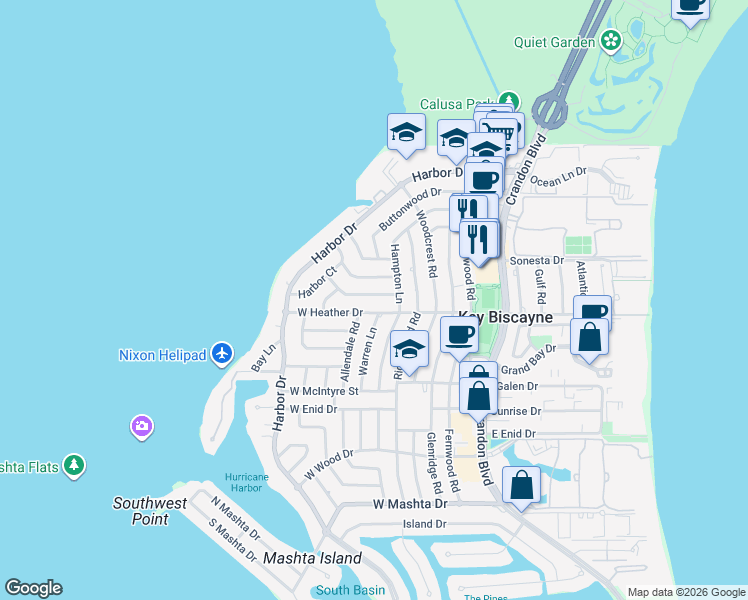 map of restaurants, bars, coffee shops, grocery stores, and more near 270 Cranwood Drive in Key Biscayne