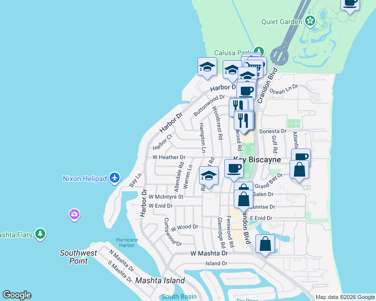 map of restaurants, bars, coffee shops, grocery stores, and more near 270 Cranwood Drive in Key Biscayne