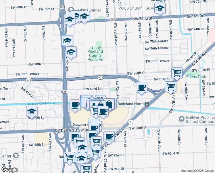 map of restaurants, bars, coffee shops, grocery stores, and more near 8046 Southwest 73rd Avenue in Miami