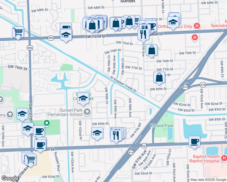 map of restaurants, bars, coffee shops, grocery stores, and more near 8011 Southwest 99th Court in Miami