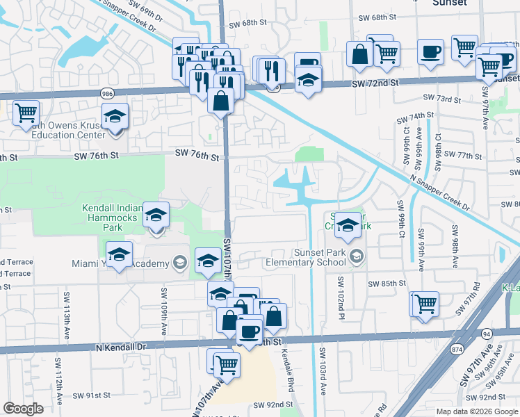 map of restaurants, bars, coffee shops, grocery stores, and more near 7871 Southwest 106th Avenue in Miami