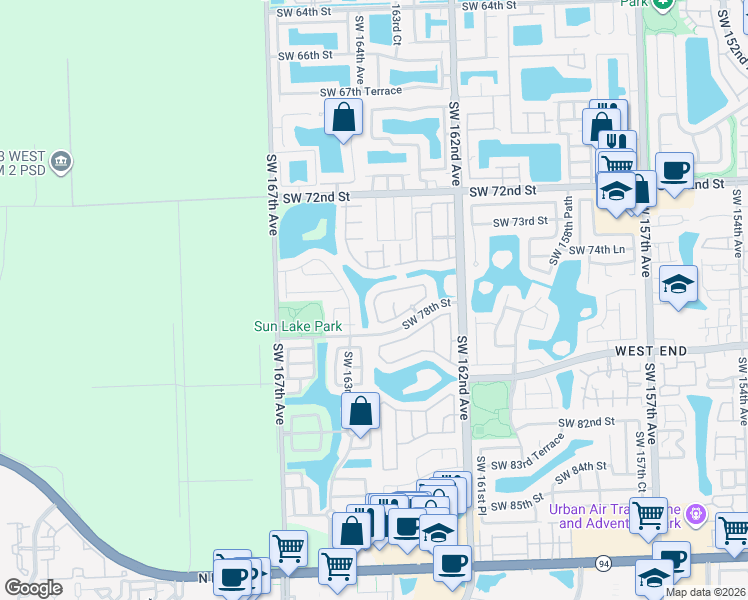 map of restaurants, bars, coffee shops, grocery stores, and more near Southwest 163rd Place in Miami