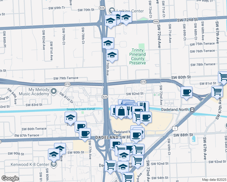 map of restaurants, bars, coffee shops, grocery stores, and more near 7483 Southwest 82nd Street in Miami