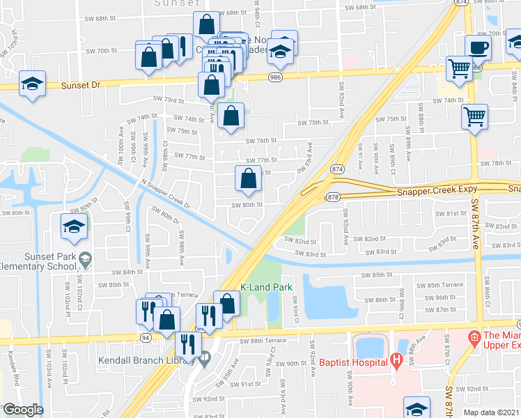 map of restaurants, bars, coffee shops, grocery stores, and more near 8000 Southwest 94th Court in Miami