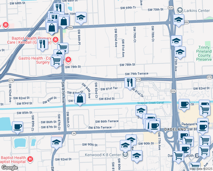 map of restaurants, bars, coffee shops, grocery stores, and more near 8115 Southwest 82nd Place in Miami