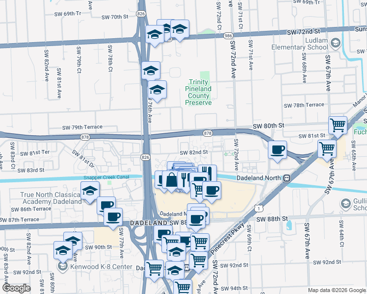 map of restaurants, bars, coffee shops, grocery stores, and more near 7487 Southwest 82nd Street in Miami