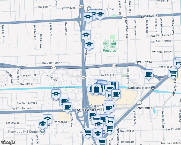 map of restaurants, bars, coffee shops, grocery stores, and more near 8195 Southwest 76th Avenue in Miami