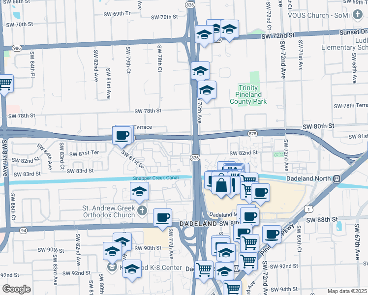 map of restaurants, bars, coffee shops, grocery stores, and more near 7703 Camino Real in Coral Gables