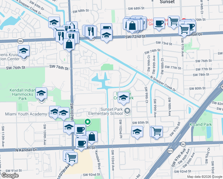 map of restaurants, bars, coffee shops, grocery stores, and more near 7852 Southwest 103rd Place in Miami
