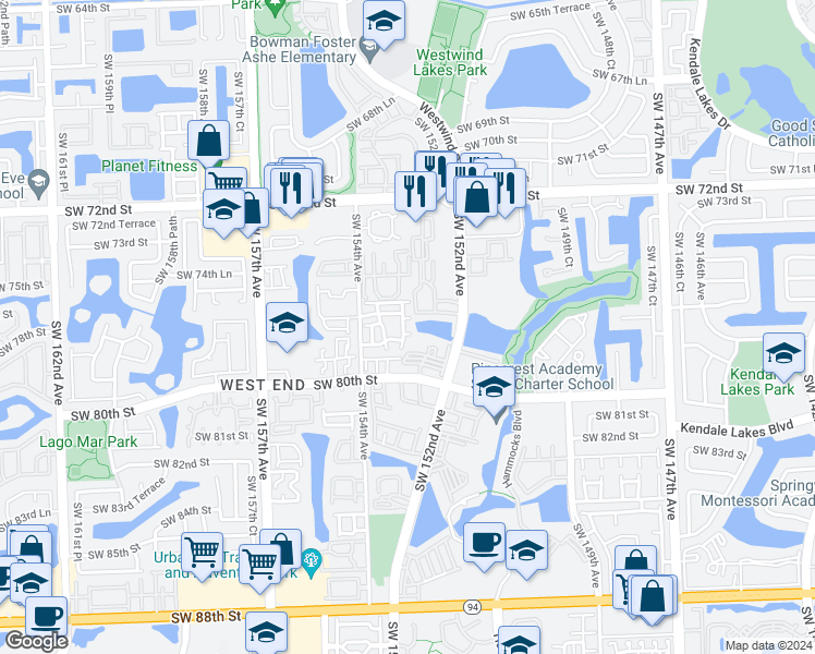 map of restaurants, bars, coffee shops, grocery stores, and more near 7611 Southwest 153rd Court in Miami
