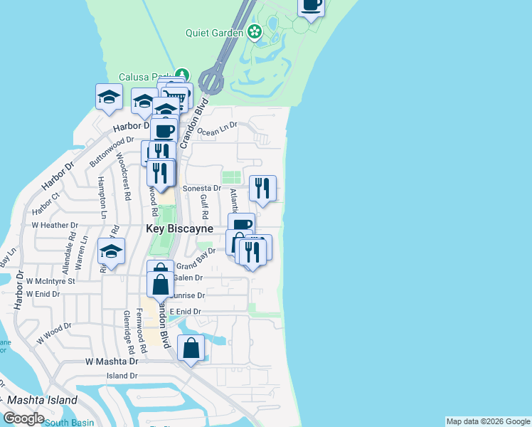 map of restaurants, bars, coffee shops, grocery stores, and more near 350 Ocean Drive in Key Biscayne