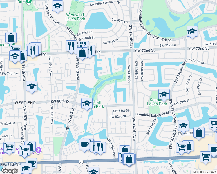 map of restaurants, bars, coffee shops, grocery stores, and more near 14964 Southwest 75th Terrace in Miami