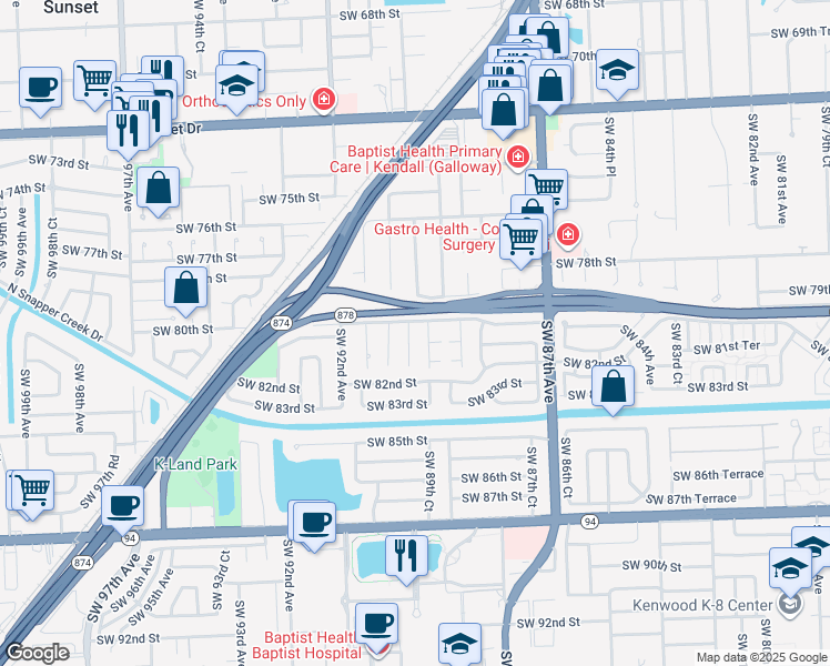 map of restaurants, bars, coffee shops, grocery stores, and more near 8000 Southwest 89th Place in Miami