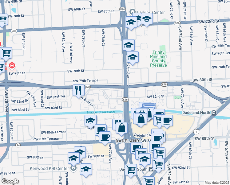 map of restaurants, bars, coffee shops, grocery stores, and more near 8103 Camino Real in Miami