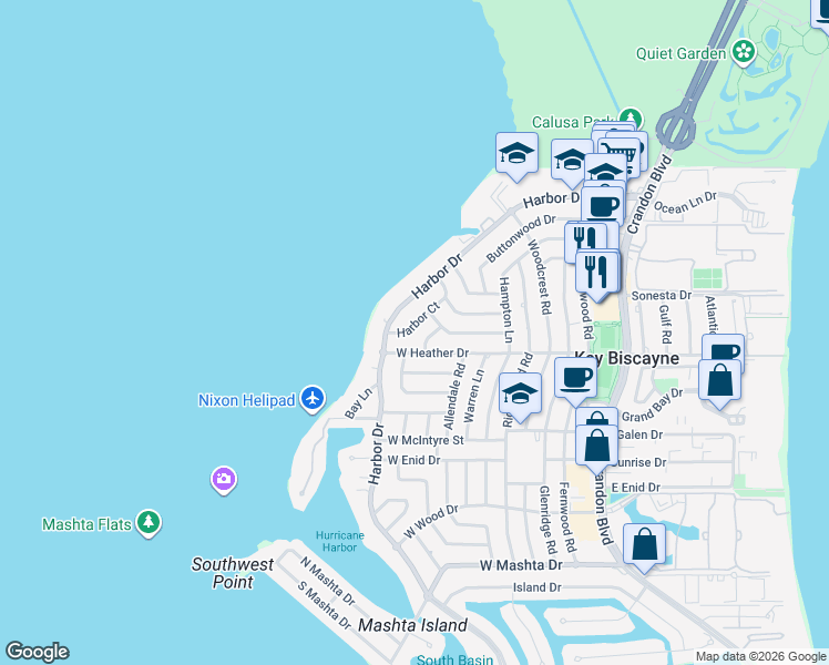 map of restaurants, bars, coffee shops, grocery stores, and more near 345 Harbor Court in Key Biscayne