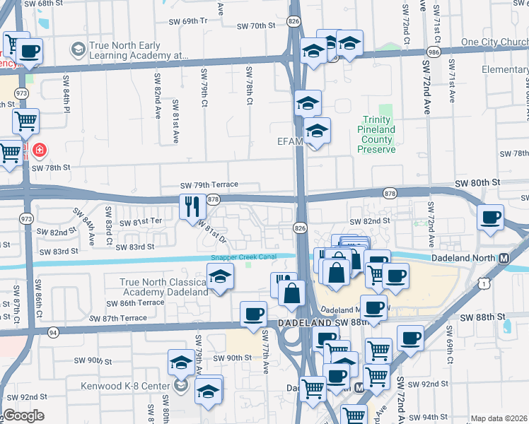map of restaurants, bars, coffee shops, grocery stores, and more near 8101 Camino Real in Miami
