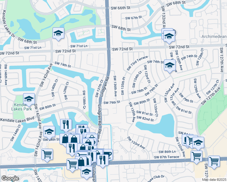 map of restaurants, bars, coffee shops, grocery stores, and more near 7631 Southwest 136th Avenue in Miami