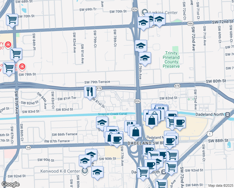 map of restaurants, bars, coffee shops, grocery stores, and more near 7900 Camino Real in Coral Gables