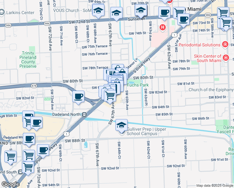 map of restaurants, bars, coffee shops, grocery stores, and more near 6619 South Dixie Highway in Miami