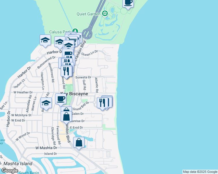 map of restaurants, bars, coffee shops, grocery stores, and more near 350 Ocean Drive in Key Biscayne