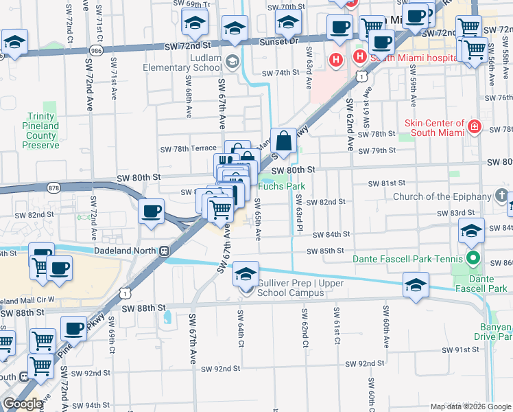 map of restaurants, bars, coffee shops, grocery stores, and more near 8099 South Dixie Highway in Miami