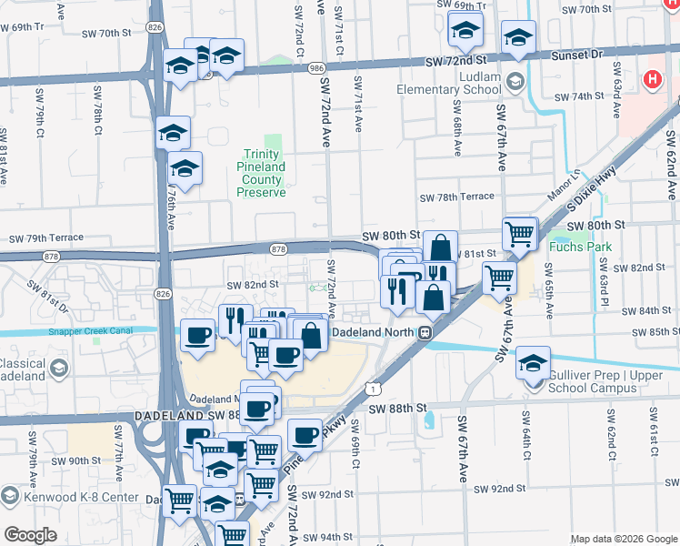 map of restaurants, bars, coffee shops, grocery stores, and more near 8101 Southwest 72nd Avenue in Miami