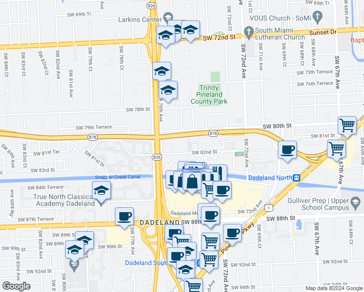 map of restaurants, bars, coffee shops, grocery stores, and more near 7487 Southwest 82nd Street in Miami