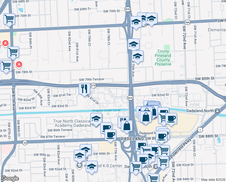 map of restaurants, bars, coffee shops, grocery stores, and more near Snapper Creek Expressway in Miami