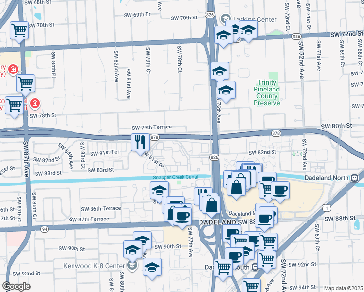 map of restaurants, bars, coffee shops, grocery stores, and more near 7900 Camino Real in Coral Gables