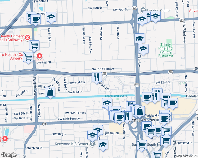 map of restaurants, bars, coffee shops, grocery stores, and more near 8074 Southwest 80th Avenue in Miami