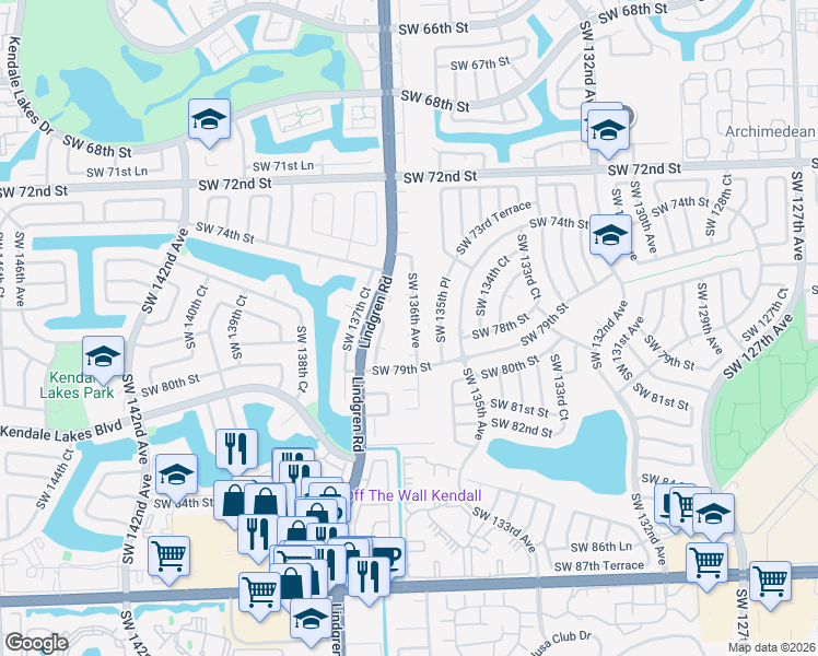 map of restaurants, bars, coffee shops, grocery stores, and more near 7631 Southwest 136th Avenue in Miami