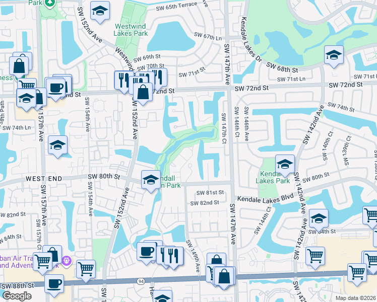 map of restaurants, bars, coffee shops, grocery stores, and more near 14964 Southwest 75th Terrace in Miami