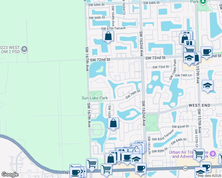 map of restaurants, bars, coffee shops, grocery stores, and more near 16373 Southwest 76th Street in Miami