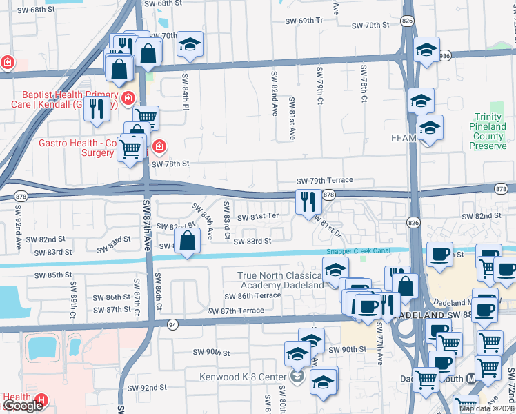 map of restaurants, bars, coffee shops, grocery stores, and more near 45 Southwest 81st Street in Miami
