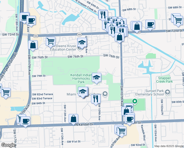 map of restaurants, bars, coffee shops, grocery stores, and more near 11395 Southwest 79th Street in Miami