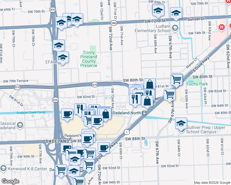 map of restaurants, bars, coffee shops, grocery stores, and more near 8101 Southwest 72nd Avenue in Miami