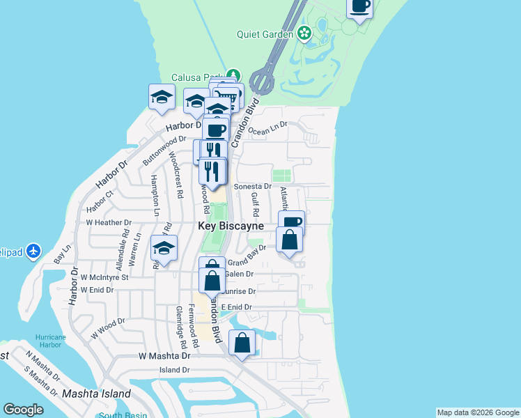 map of restaurants, bars, coffee shops, grocery stores, and more near 346 Gulf Road in Key Biscayne