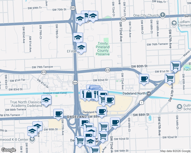 map of restaurants, bars, coffee shops, grocery stores, and more near 7401 Southwest 82nd Street in Miami