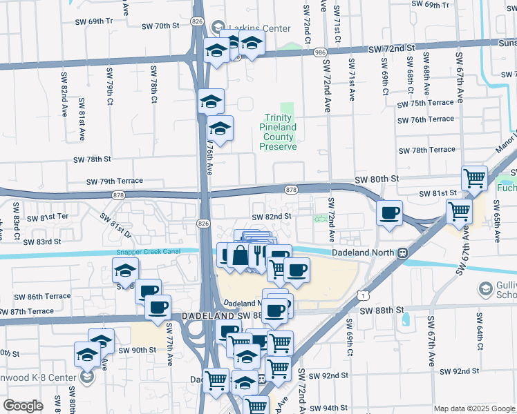 map of restaurants, bars, coffee shops, grocery stores, and more near 7487 Southwest 82nd Street in Miami
