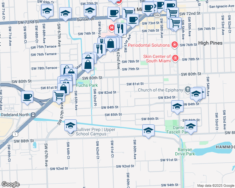 map of restaurants, bars, coffee shops, grocery stores, and more near 8200 Southwest 62nd Avenue in South Miami