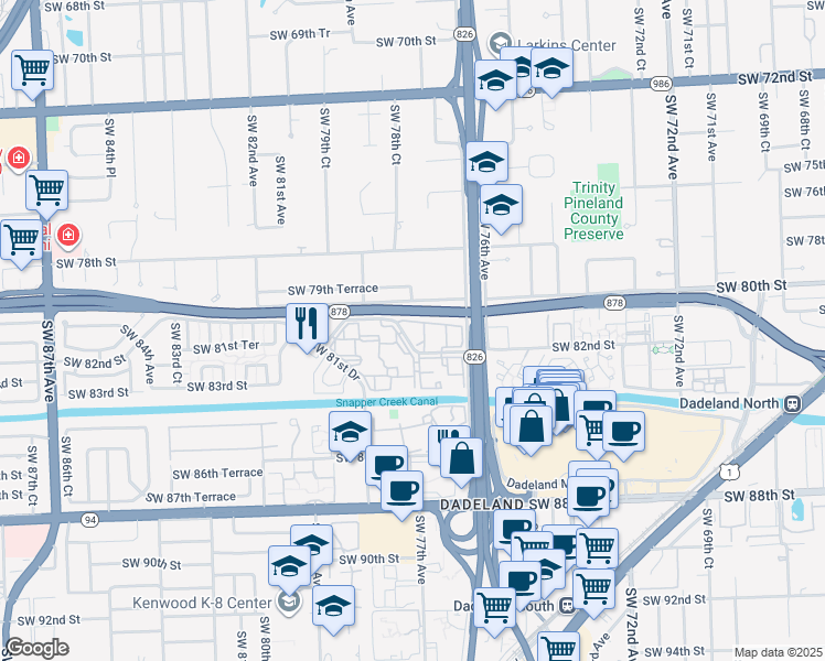 map of restaurants, bars, coffee shops, grocery stores, and more near 8103 Camino Real in Miami