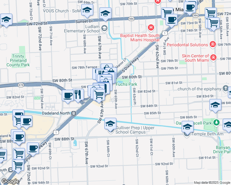 map of restaurants, bars, coffee shops, grocery stores, and more near Southwest 82nd Street in Miami