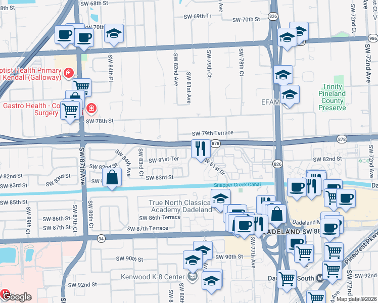 map of restaurants, bars, coffee shops, grocery stores, and more near 33 Southwest 81st Street in Miami