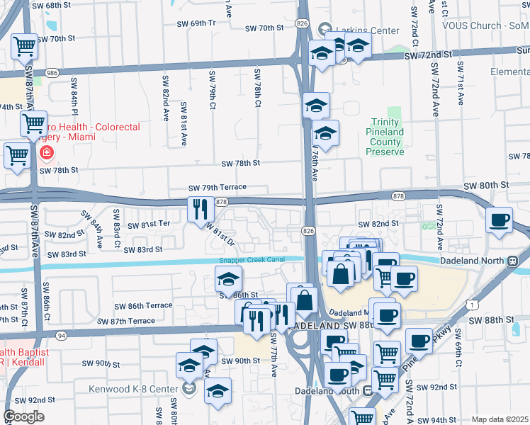 map of restaurants, bars, coffee shops, grocery stores, and more near 8103 Camino Real in Miami